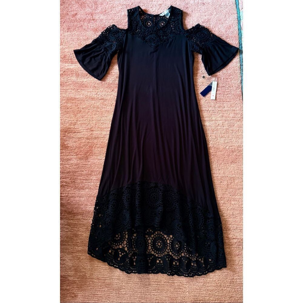 NWT Peter Nygard black cold shoulder crochet trim maxi dress boho elegant